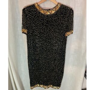 A. J. Bari Vintage Silk Beaded Cocktail Dress 1980s Art Deco‎ Style Size 14 EUC